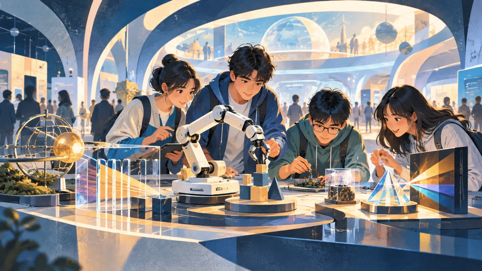 Editorial illustration of young adults exploring robotics, circuits and optics
